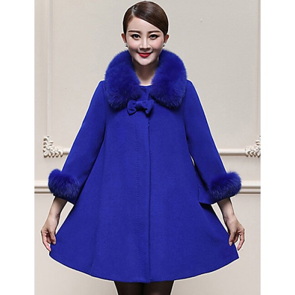 Women's Plus Size / Casual/Daily Simple Coat,Solid Round Neck Long Sleeve Winter Blue / Yellow Wool / Faux Fur Thick