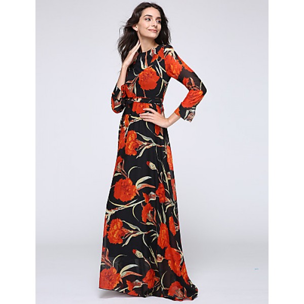 Women's Beach Trumpet/Mermaid Dress,Patchwork Stand Maxi Long Sleeve Orange Spandex Spring