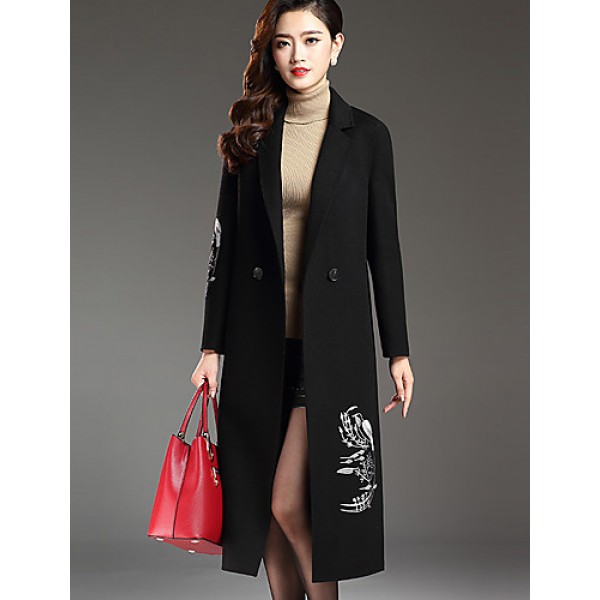 Women's Plus Size Street chic CoatPrint Notch Lapel Long Sleeve Fall / Winter Red / Black / Gray Wool / Polyester Thick