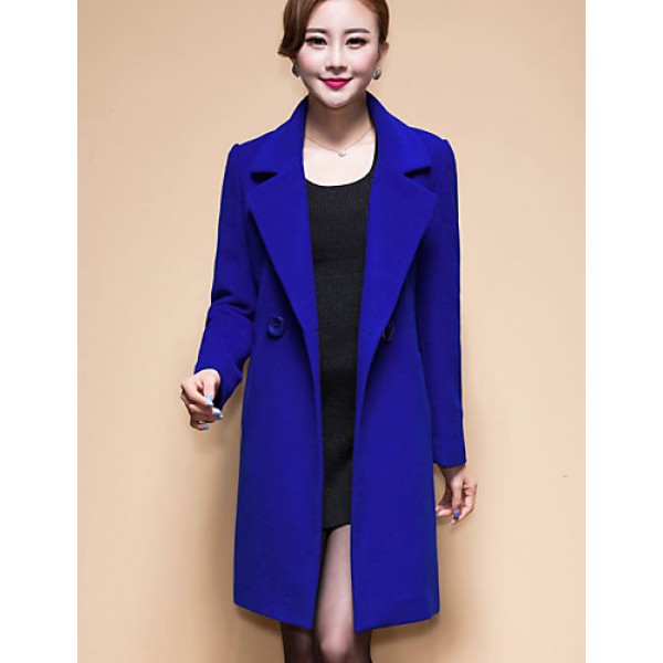 Women's Coat,Solid / Patchwork Peaked Lapel Long Sleeve Winter Blue / Black / Yellow Wool / Others Thick