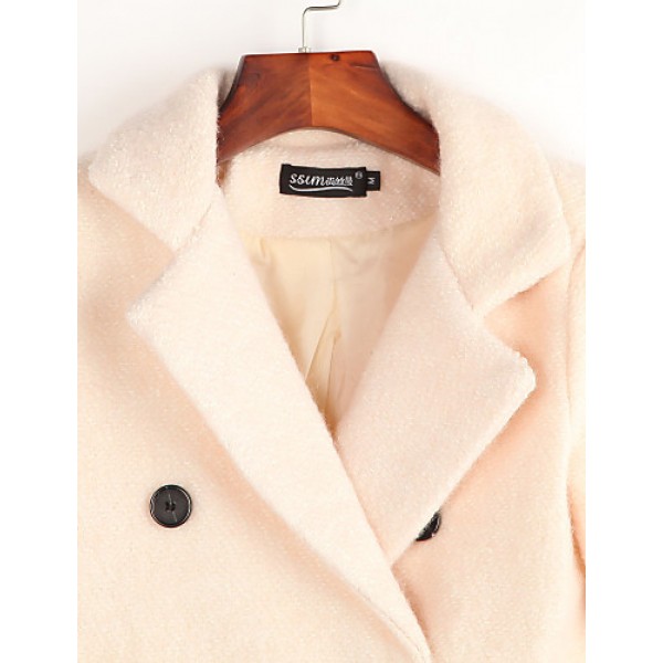 Women's Casual/Daily Simple Coat,Solid Notch Lapel Long Sleeve Fall Beige Wool Medium