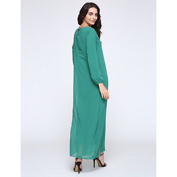 Women's Simple Loose / Chiffon Dress,Solid Round Neck Maxi Long Sleeve Blue / Red / Black / Green Polyester Fall