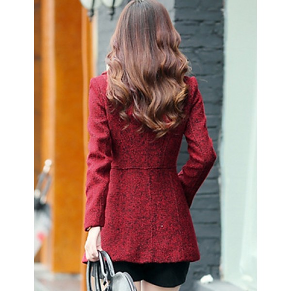 Women's Casual/Daily Simple Coat,Print Shirt Collar Long Sleeve Winter Red / Gray Wool Thick