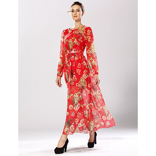 Women's Casual/Daily Swing Dress,Floral Crew Neck Maxi Long Sleeve Red / Yellow Polyester Spring