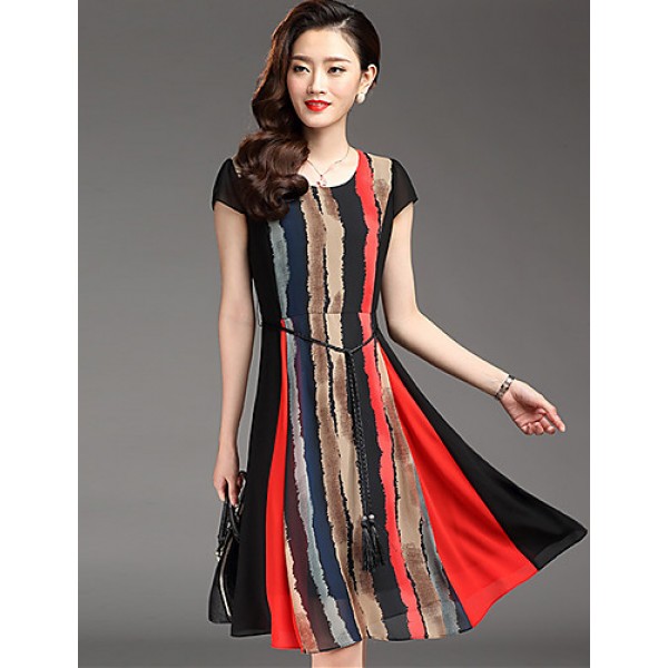 Women's Street chic Striped Plus Size / Swing Dress,Round Neck Knee-length Polyester