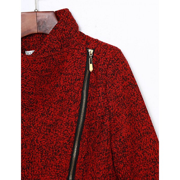 Women's Casual/Daily Simple Coat,Print Shirt Collar Long Sleeve Winter Red / Gray Wool Thick