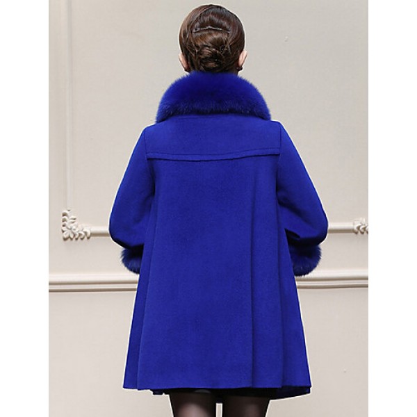 Women's Plus Size / Casual/Daily Simple Coat,Solid Round Neck Long Sleeve Winter Blue / Yellow Wool / Faux Fur Thick