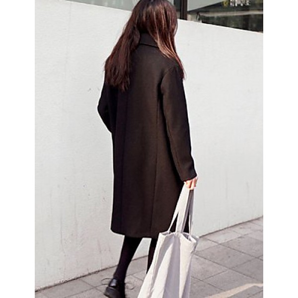 Women's Casual/Daily Simple Coat,Solid Notch Lapel Long Sleeve Winter Black Polyester Medium