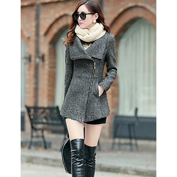 Women's Coat,Solid Long Sleeve Winter Red / Gray Wool / Others Thick