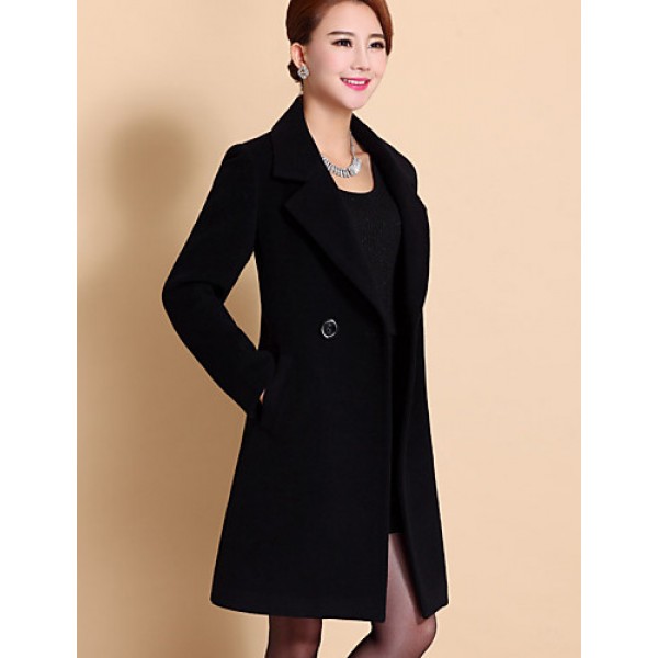 Women's Coat,Solid / Patchwork Peaked Lapel Long Sleeve Winter Blue / Black / Yellow Wool / Others Thick