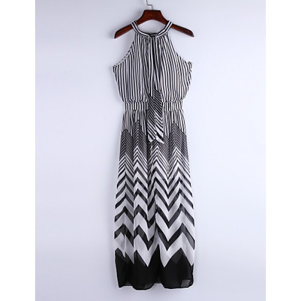 Women's Black & White Stripes Sexy Sleeveless Maxi Dress