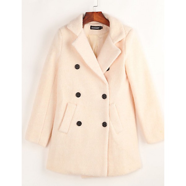 Women's Casual/Daily Simple Coat,Solid Notch Lapel Long Sleeve Fall Beige Wool Medium