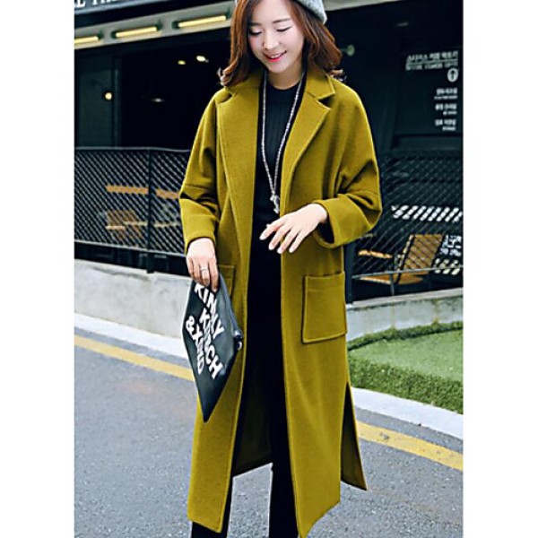 Women's Casual/Daily Simple CoatSolid V Neck Long Sleeve Fall / Winter Green / Gold Wool Medium