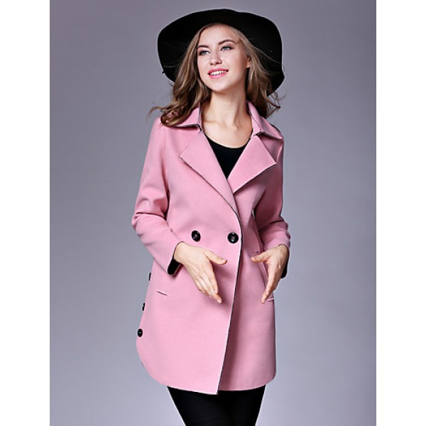 Women's Casual/Daily Street chic Pea CoatsSolid Notch Lapel Long Sleeve Winter Pink / Red / Yellow Wool / Cotton Medium