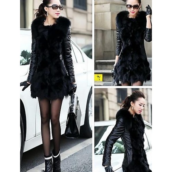 Women's Winter Fox Fur Leather Coat