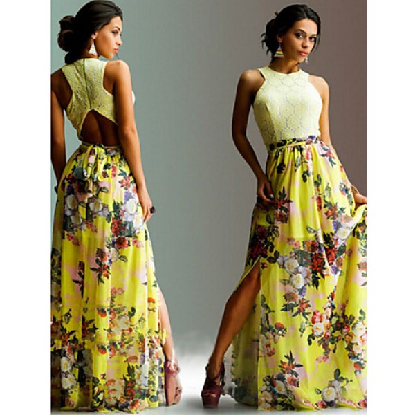 Women's Sexy / Boho Floral Sheath / Swing Dress , Crew Neck Maxi Polyester