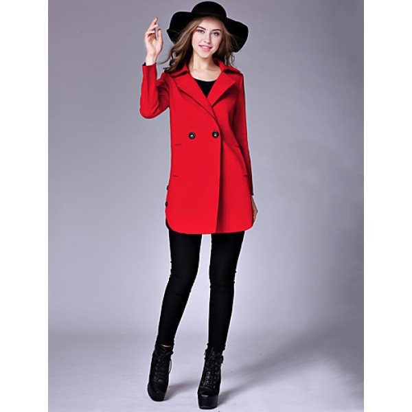 Women's Casual/Daily Street chic Pea CoatsSolid Notch Lapel Long Sleeve Winter Pink / Red / Yellow Wool / Cotton Medium