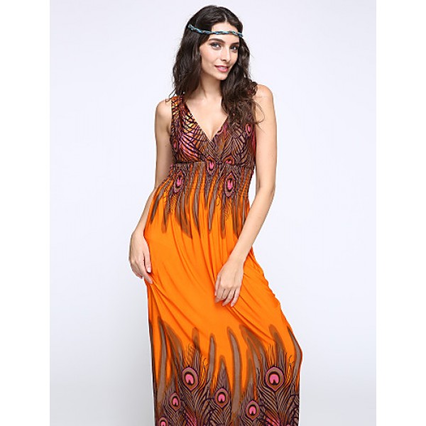 Women's Print Blue/Orange/Purple Dress,Maxi Deep V Sleeveless 