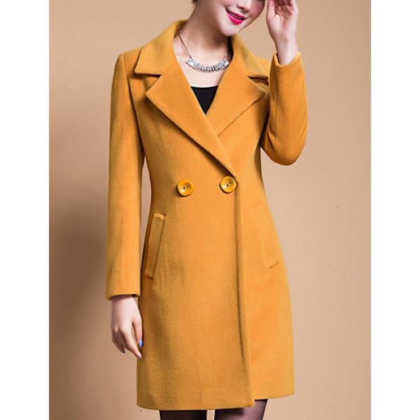 Women's Plus Size Coat,Solid Shirt Collar Long Sleeve Winter Blue / Black / Yellow Wool / Others Thick