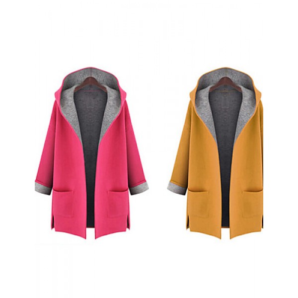 Women's Plus Size Trench Coat,Color Block Hooded Long Sleeve Fall Red / Yellow Wool / Others Medium