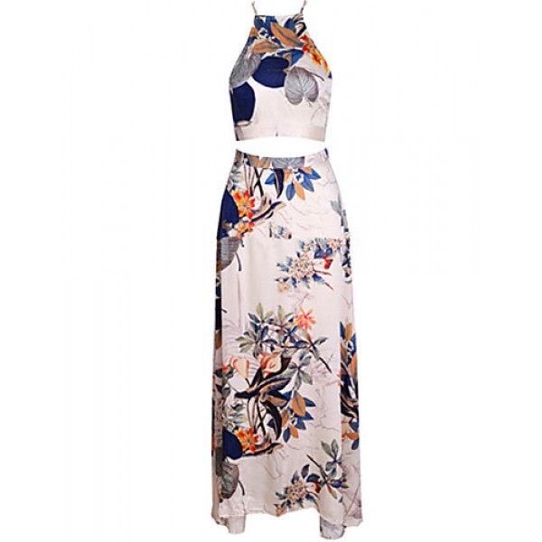 Women's Vintage Sexy Beach Print Cute Plus Sizes Micro Elastic Sleeveless Maxi Dress (Microfiber)