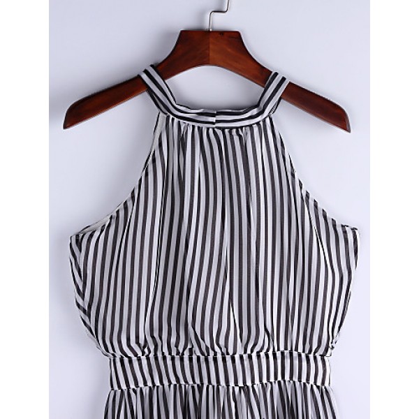 Women's Black & White Stripes Sexy Sleeveless Maxi Dress