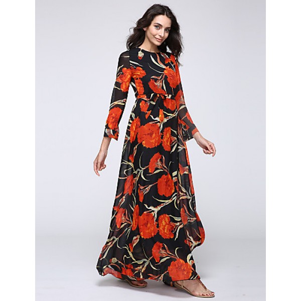 Women's Beach Trumpet/Mermaid Dress,Patchwork Stand Maxi Long Sleeve Orange Spandex Spring