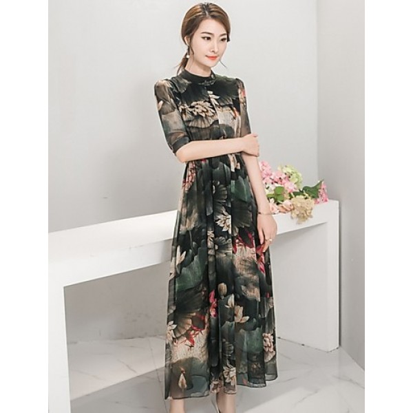 Women's Going out Vintage Swing Dress,Print Stand Maxi ? Sleeve Multi-color Polyester Summer