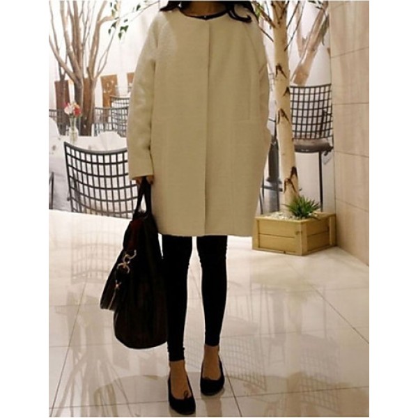 Women's Casual/Daily Simple Coat,Solid Round Neck Long Sleeve Fall / Winter Blue / White Wool Thick