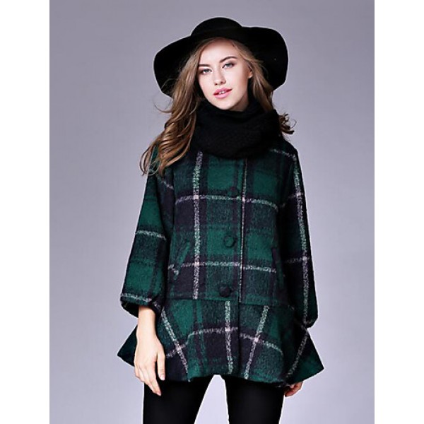 Women's Casual/Daily Street chic CoatPlaid Round Neck Long Sleeve Fall / Winter Red / Black / Green Wool Medium