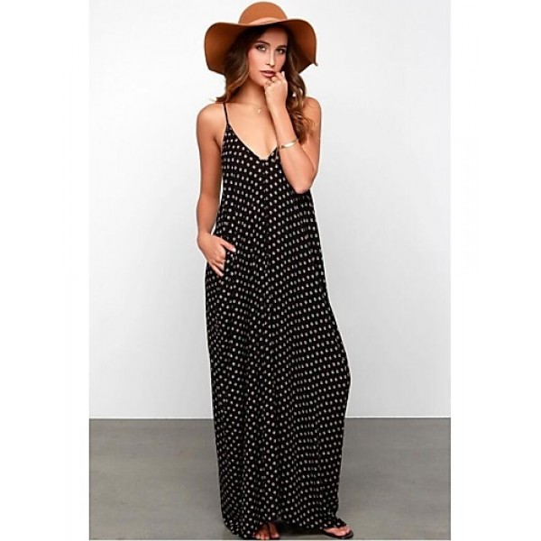 Women's Beach Boho Loose Dress,Polka Dot Strap Maxi Sleeveless Black Rayon Summer Low Rise Inelastic Opaque